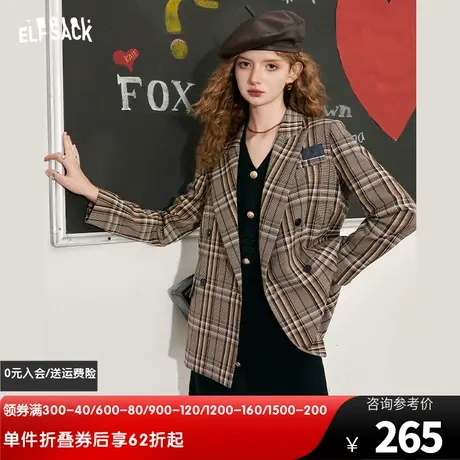 妖精的口袋复古格纹西装外套女2024春秋新款学院风长款休闲西装潮图片