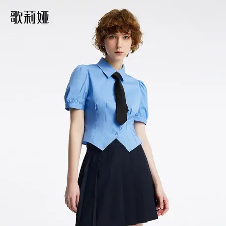 歌莉娅蓝色泡泡袖收腰衬衫女短款夏装学院风配送领带1B5J3B250商品大图