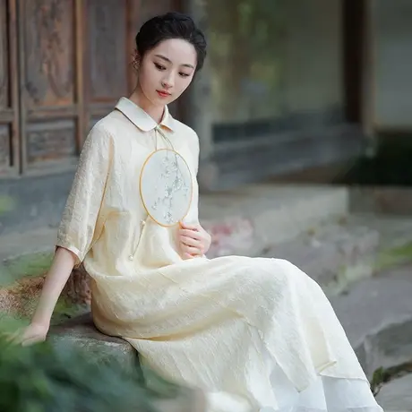 素飞中国风连衣裙夏季新中式女装2023年原创禅意茶服米黄色仙女裙商品大图