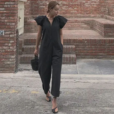 新款飞飞袖棉麻连体裤女韩版宽松大码九分休闲裤时尚亚麻连体衣潮商品大图