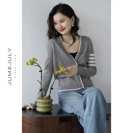 嘉茱莉2023早秋新款V领针织上衣薄款绵羊毛外套女秋季条纹针织衫商品大图