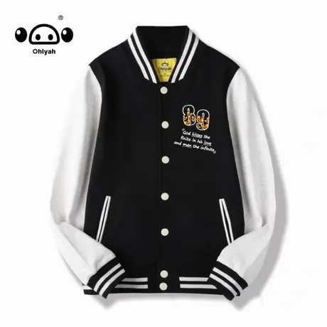Ohlyah黑色棒球服夹克女春秋韩系设计感圆领单排扣纯棉外套上衣潮图片