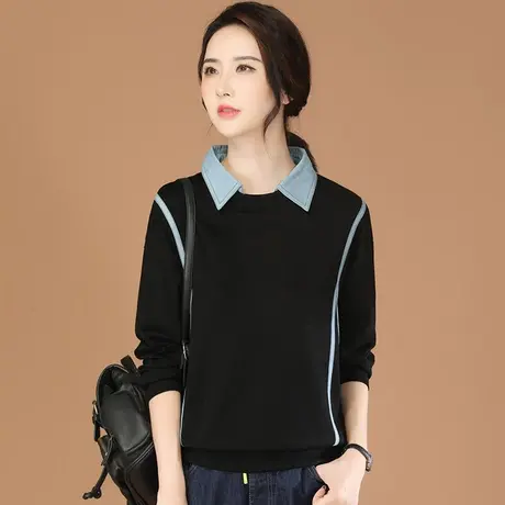 韩潮袭人假两件牛仔翻领卫衣女2023秋新款黑色T恤宽松太空棉上衣商品大图