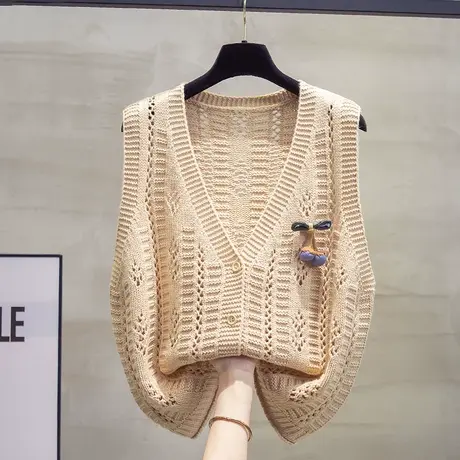 镂空v领针织开衫马甲背心女2023秋装新款宽松外穿马夹毛衣坎肩潮商品大图