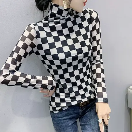 黑白格子网纱打底衫女春秋2023新款洋气高领长袖T恤紧身内搭上衣商品大图