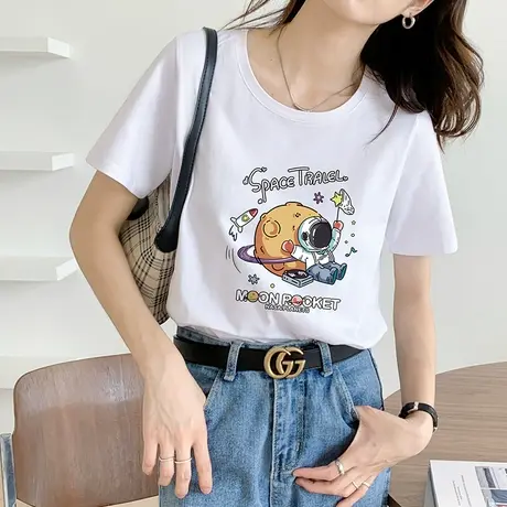 纯棉短袖t恤女2023年夏季新款ins潮牌宇航员太空印花宽松体恤上衣商品大图