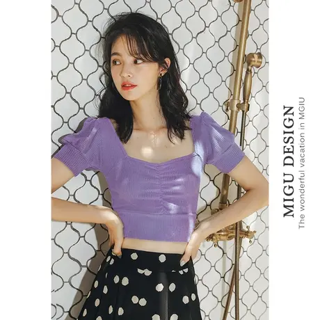 法式锁骨紫色短款女掐腰上衣方领泡泡袖针织衫露脐修身短袖t恤夏图片
