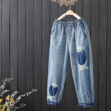 夏季新款刺绣浅色七分牛仔裤女宽松哈伦裤百搭显瘦八分萝卜老爹裤图片