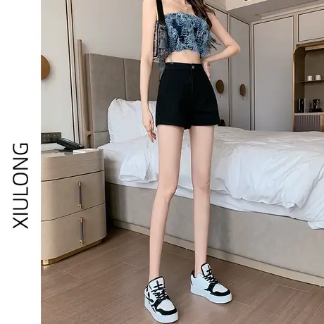 黑色高腰牛仔短裤女春秋季2023年新款小个子a字辣妹弹力阔腿热裤商品大图