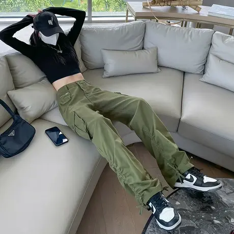 军绿色工装牛仔裤女秋冬2023年新款高腰直筒宽松显瘦百搭阔腿长裤商品大图