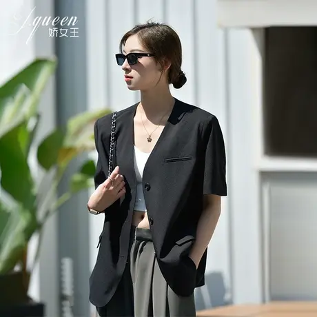 短袖西装外套女2023夏季新款宽松气质时尚高级感黑色薄款西服上衣图片