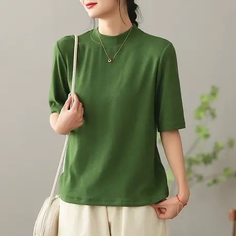 dza文艺纯棉半高领T恤女士2023春夏新款短袖体恤休闲宽松打底上衣商品大图