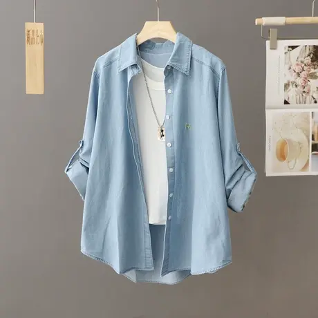 休闲牛仔衬衫外套女宽松中长款春秋季2023新款外搭衬衣开衫上衣女图片