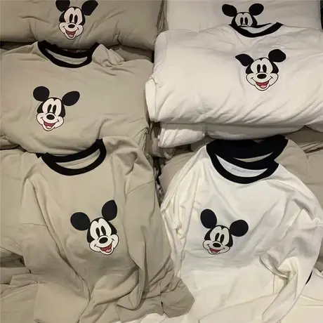 撞色包边领 卡通减龄印花磨毛长袖T恤女2022冬中长款内搭打底衫潮商品大图