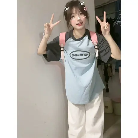 纯棉插肩短袖t恤女夏季小众设计感宽松oversize休闲美式复古上衣商品大图