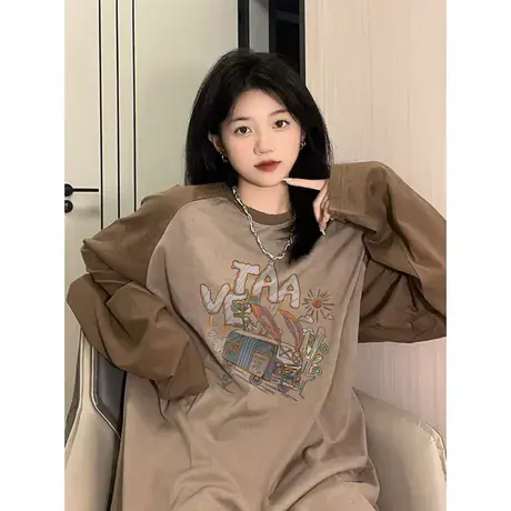 拼色插肩长袖t恤女小众设计感春秋2023新款港风chic圆领宽松上衣图片