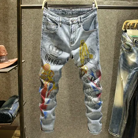 ins潮流刺绣牛仔裤男夏天薄款高街修身小脚裤浅弹力韩版潮牌男裤商品大图