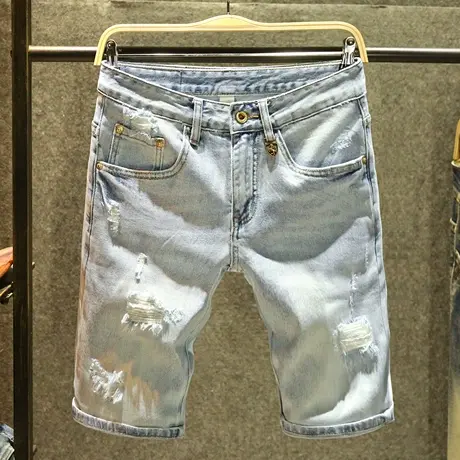 夏季个性破洞牛仔短裤男款时尚潮流痞帅休闲五分裤浅蓝色破烂中裤商品大图