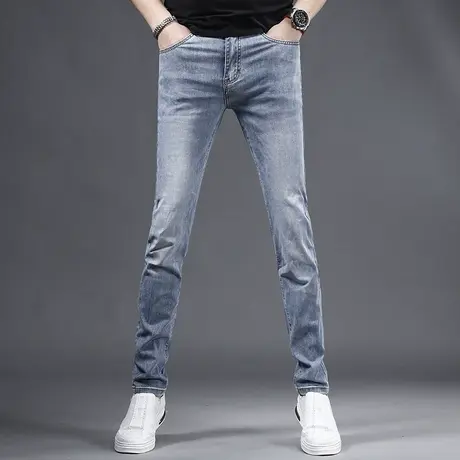 2023新款夏季男士牛仔裤长裤浅蓝色冰丝薄款修身小脚弹力百搭男裤商品大图
