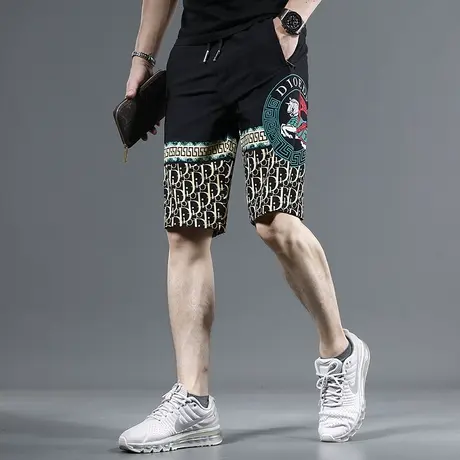 2023夏季新款休闲短裤男潮牌黑色印花男士松紧腰弹力时尚五分裤子商品大图