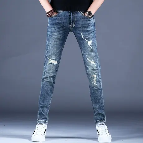 男士复古破洞牛仔裤男款美式高街裤子男vibe2023新款休闲修身小脚商品大图