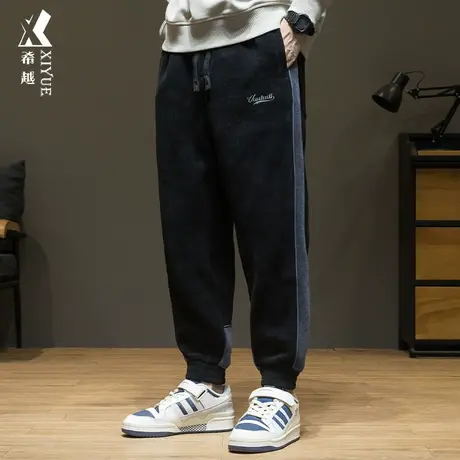 希越欧棉绒休闲裤男2023秋季新品拼接撞色束脚裤宽松大码胖子男裤商品大图