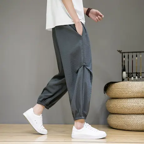 新中式冰丝裤子男中国风盘扣宽松大码薄款阔腿休闲长裤束脚哈伦裤图片