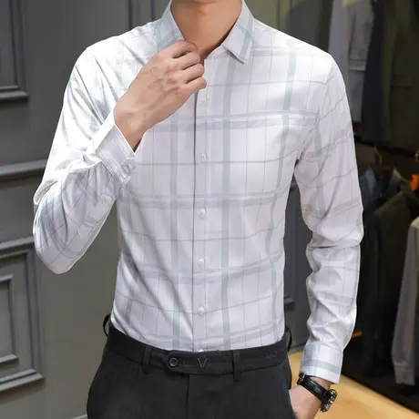 秋季高级感白色条纹衬衫男士长袖商务休闲衬衣男人修身免烫寸衫潮商品大图