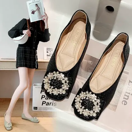 单鞋女夏季2023年新款网红平底软皮豆豆百搭浅口温柔软底晚晚风鞋商品大图