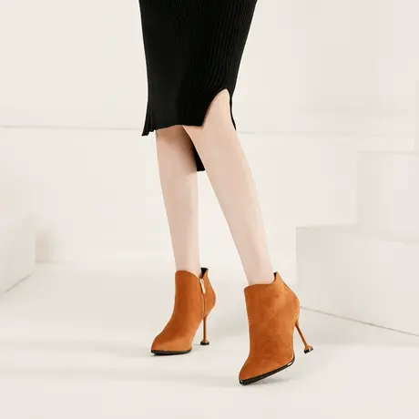 尖头短靴女2023年春秋新款单靴高跟百搭细跟裸靴网红瘦瘦靴子女冬商品大图