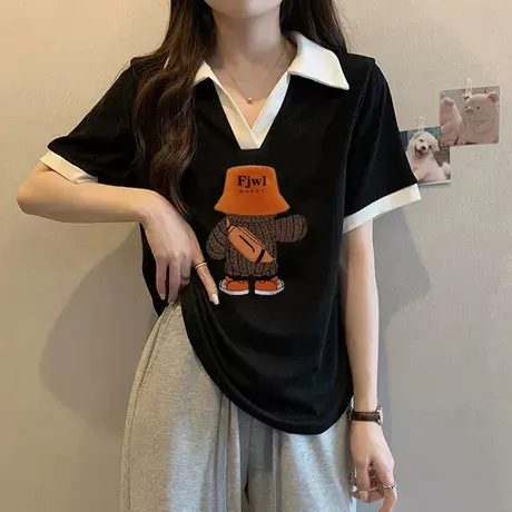 正肩t恤大码女装夏季短袖法式胖妹妹遮肚显瘦POLO领藏肉上衣200斤商品大图