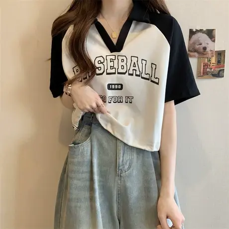 大码女夏装韩版遮肚子撞色T恤短袖胖妹妹百搭宽松polo领上衣200斤商品大图