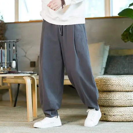 棉麻直筒中国风亚麻裤男裤秋冬休闲运动裤男高个子加长加绒哈伦裤商品大图