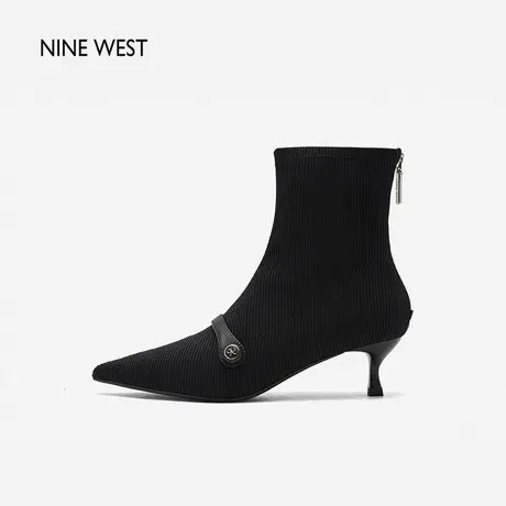 Nine West/玖熙条纹99饰扣弹力靴女2023冬新款优雅尖头低跟瘦瘦靴图片