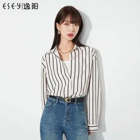 逸阳黑白条纹衬衫女士2023春季新款宽松显瘦休闲百搭上衣时尚衬衣商品大图