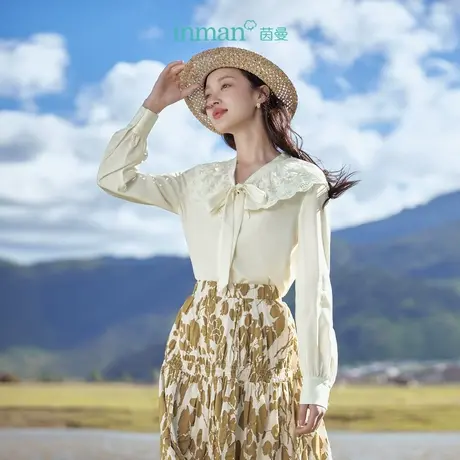 茵曼清新文艺蕾丝花边拼接系带V领衬衣2023秋女装新款泡泡袖上衣商品大图