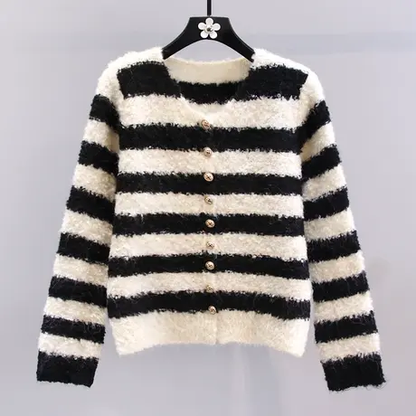 小香风黑白条纹毛衣外套女秋冬2023新款日系宽松外穿软糯针织开衫图片