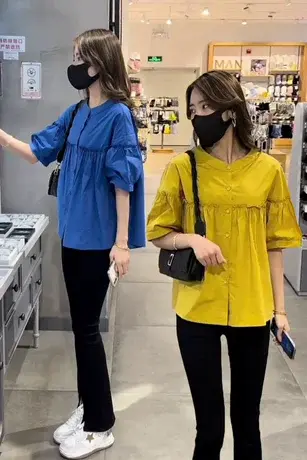 木耳边设计感圆领衬衫女2023夏新款韩版时尚洋气百搭减龄中袖衬衫商品大图