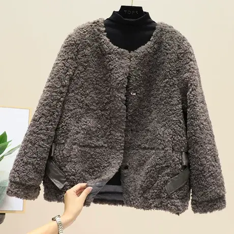 2023冬装新款羊羔毛外套女百搭圆领颗粒绒蝴蝶结皮毛一体上衣女装图片