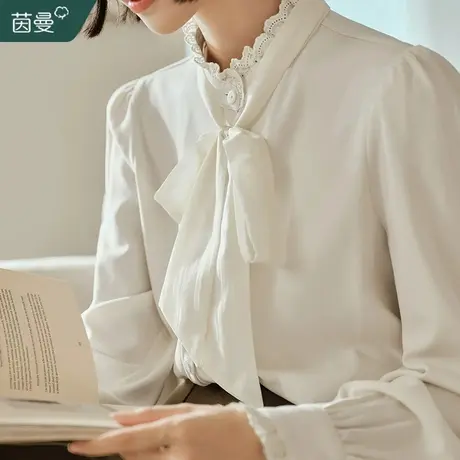 茵曼法式蝴蝶结飘带衬衣女长袖衬衫2024春季新款别致内搭打底上衣图片