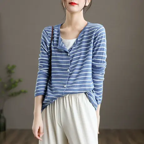dza 文艺复古条纹针织衫女士短款开衫上衣新款秋季百搭短款外套图片