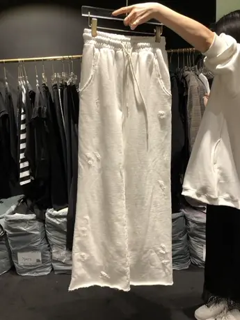 韩国东大门2023春季新款毛边破洞松紧腰抽绳直筒休闲裤阔腿卫裤女商品大图