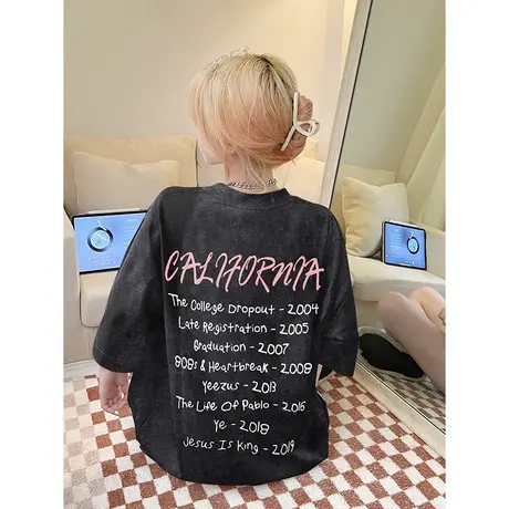 国潮复古t恤短袖女夏大码胖mm显瘦宽松纯棉ins潮美式bf做旧风上衣图片