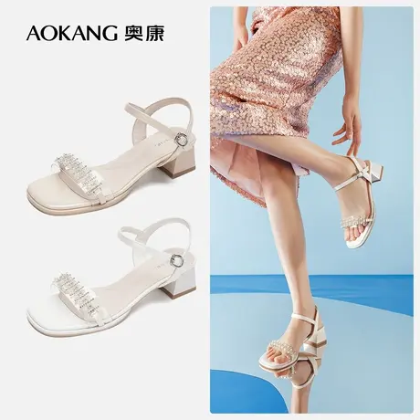【门店发货】奥康女鞋 新款百搭一字扣水钻增高时尚凉鞋图片