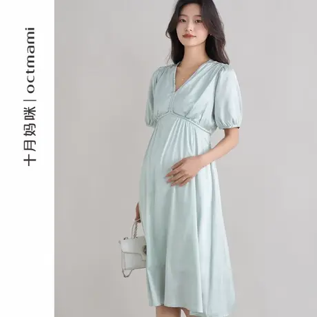 十月妈咪孕妇V领缎面短袖连衣裙2025新款夏季薄款外穿宽松夏装图片