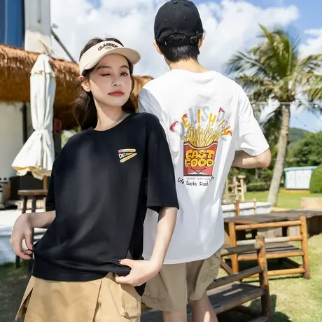 唐狮情侣短袖T恤男夏季新款美式复古后背图案宽松打底女体恤商品大图