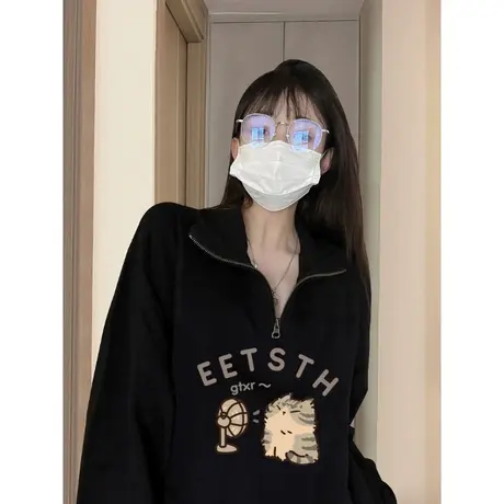 欧货大码半拉链卫衣女Polo领设计感秋装外套ins潮牌洋气减龄上衣商品大图