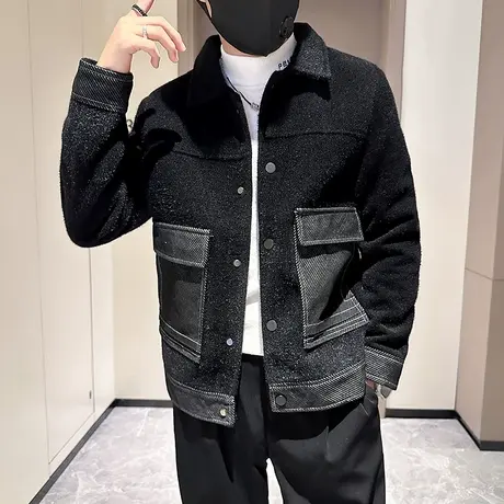 毛呢外套男秋冬新款重磅ins小众拼接口袋设计感短款呢子大衣夹克商品大图