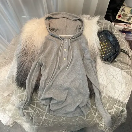 螺纹连帽长袖T恤女2023春款韩国新款小众设计修身弹力显瘦打底衫商品大图