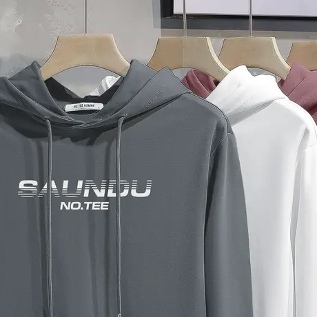 连帽卫衣男潮牌字母印花灰色带帽衫宽松潮流加绒加厚秋冬长袖外套商品大图